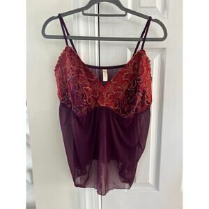 Cacique Purple & Burgundy Red Embroidered Sheer Mesh Lingerie Top